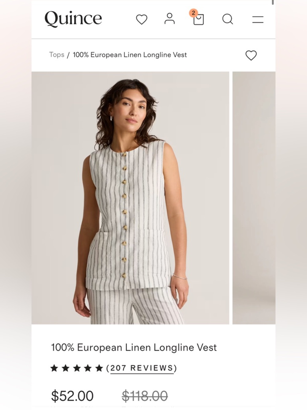 Quince Sleeveless Linen Longline Vest in Cream with Gray Stripes